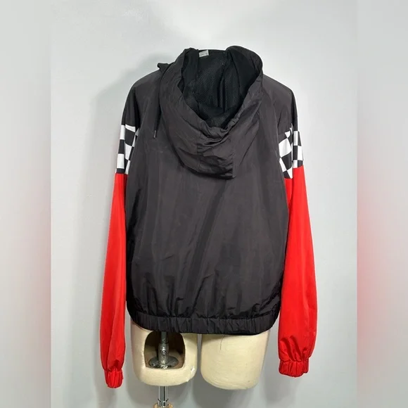 Forever 21 Racing Windbreaker 1/2 Zip Jacket Black Red Checkered Women L Hooded - Picture 2 of 5